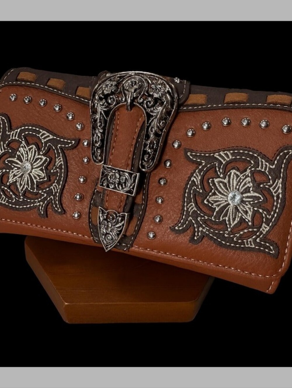 Brown Western Buckle Wallet with Silver Floral Embellishments